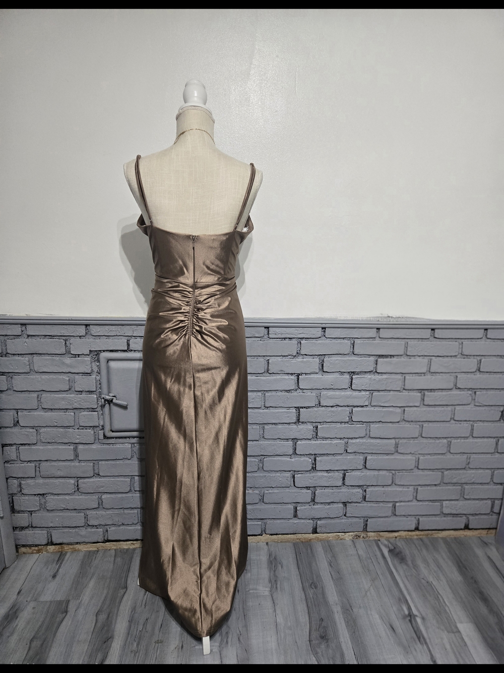 Satin Ruched Slip Maxi Dress in Bronze Taupe - Picture 2 of 5